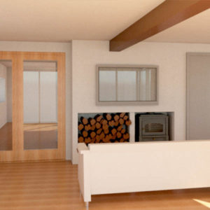 A 3D Visualisation of a cottage interior showing the living area.
