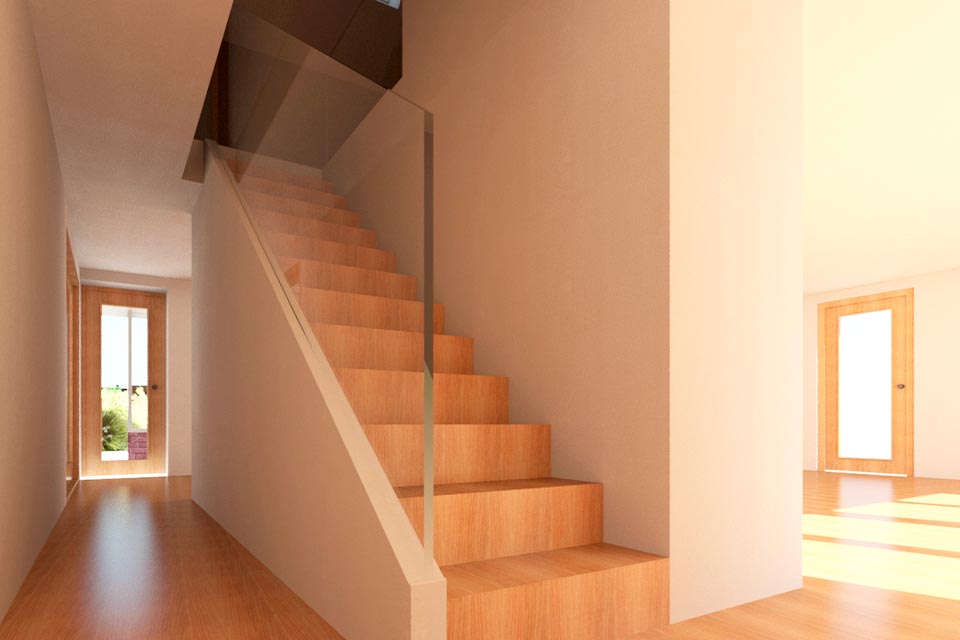 3D visualisation of the proposed refurbishment of a period cottage showing a wooden staircase in an open plan living area.