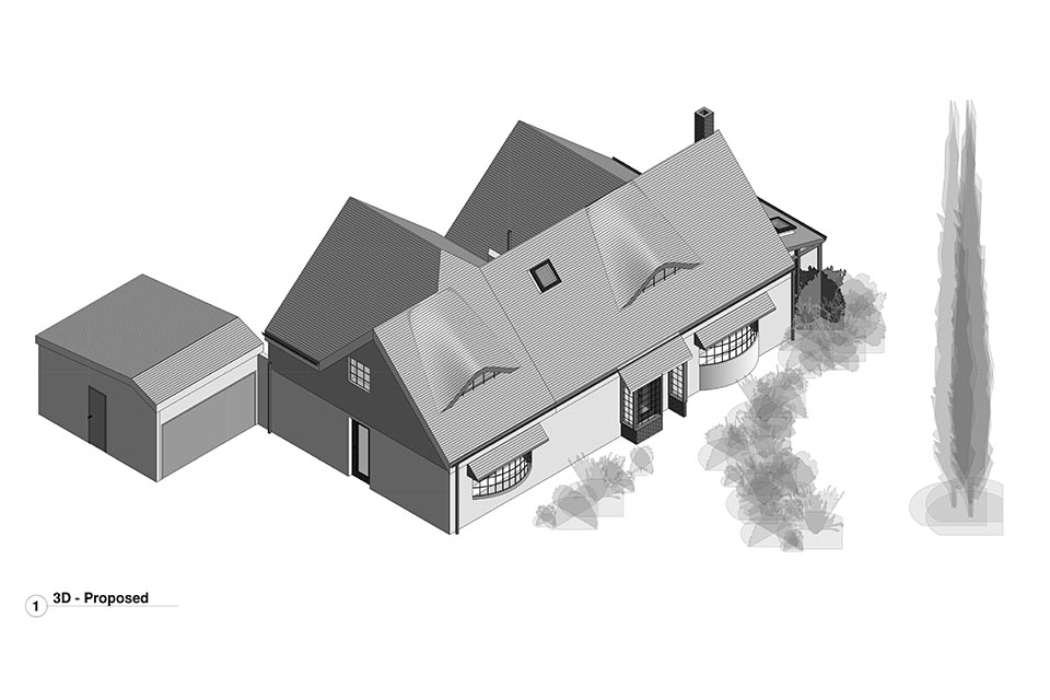An architects 3D drawing of a proposed new cottage layout.