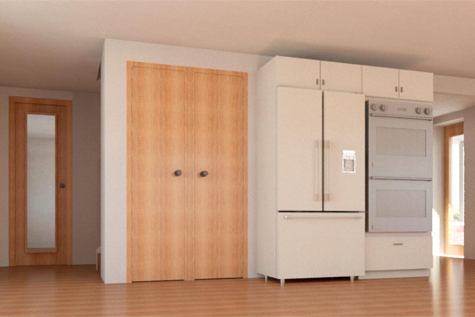 Architects 3D visualisation of a proposed kitchen area of a cottage.