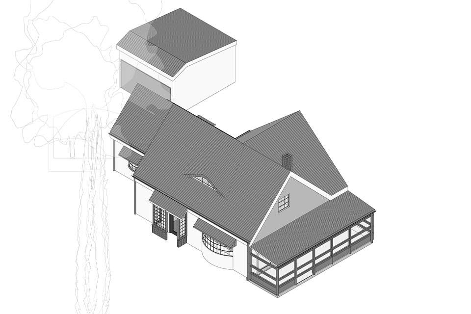 An architects 3D drawing of the existing layout of a cottage.
