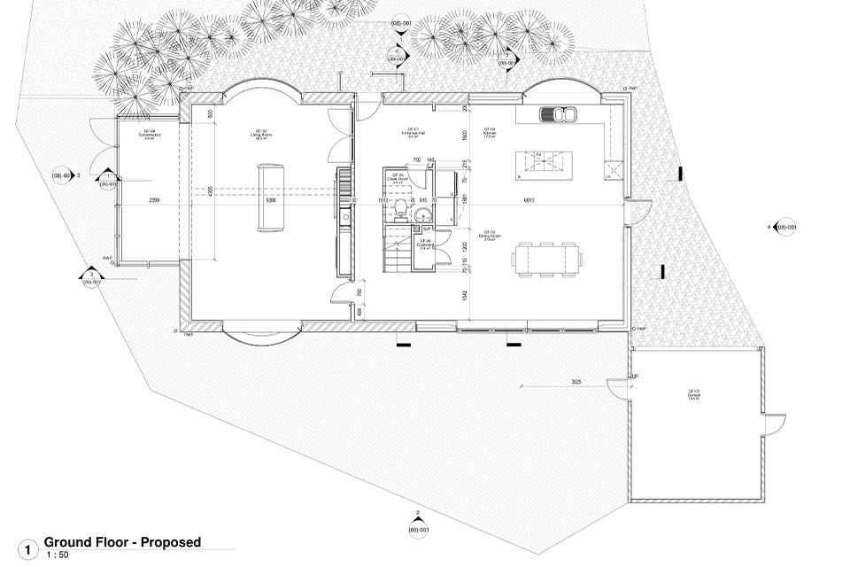 Architects 2D plan of a proposed new layout for a period cottage.