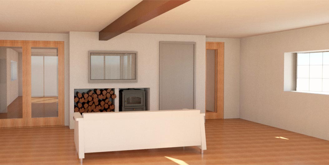 Architects 3D visualisation of a proposed cottage living area.