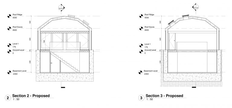 Architects drawings of a proposed garden building with basement lounge area.