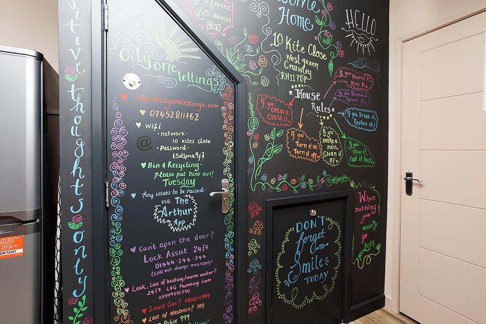 A chalkbord wall and cupboards with house rules written in colourful writing.