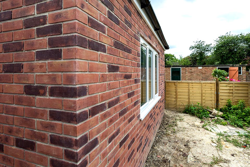 Close up of brickwork of a newly built domestic rear extension.