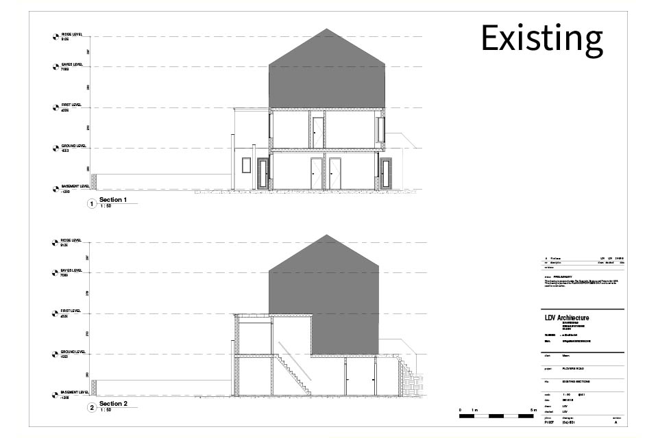 Architects drawing of an existing cross section of a 3 storey terraced house.