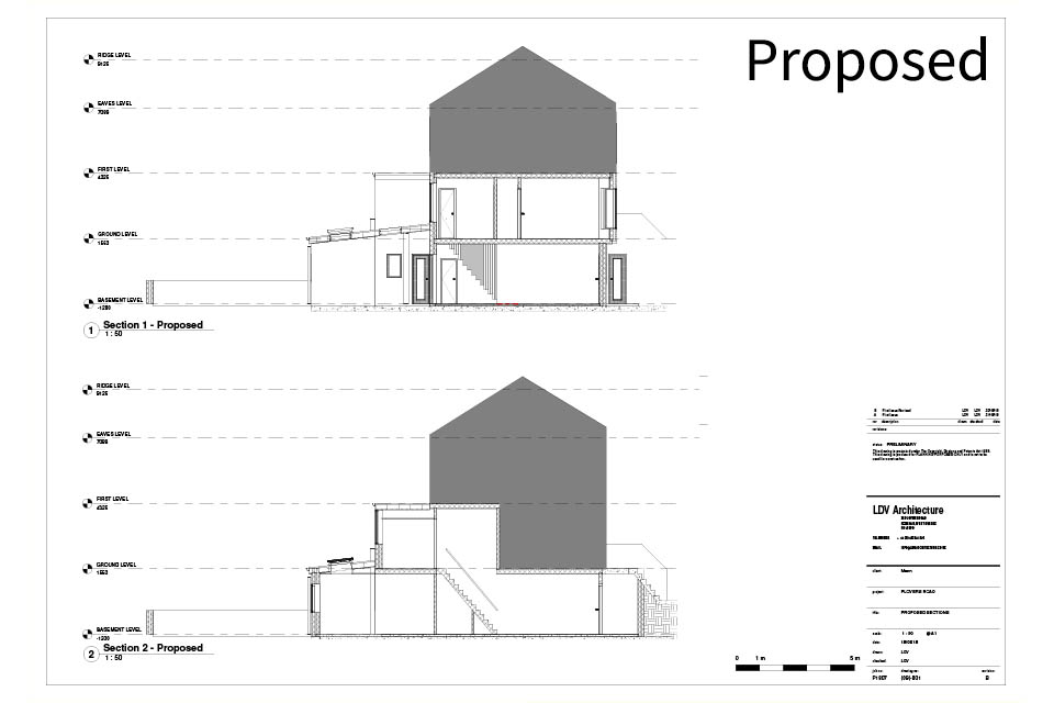Architects cross section drawings for a proposed rear extension on a 3 storey terraced house.