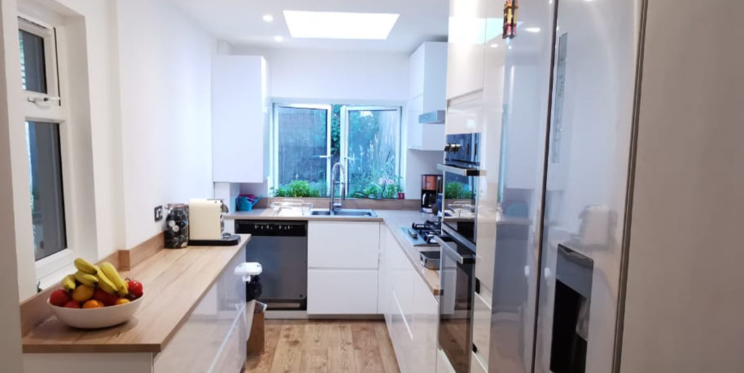 A compact kitchen in a newly built rear extension.