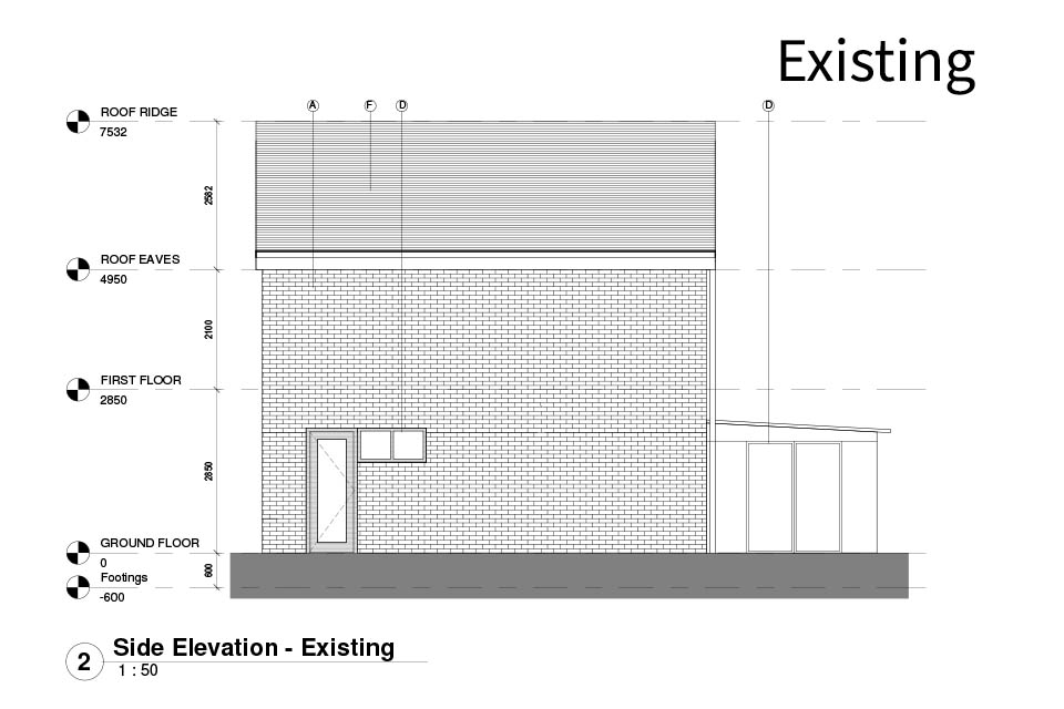 An architects drawing of the existing side elevation of a house.