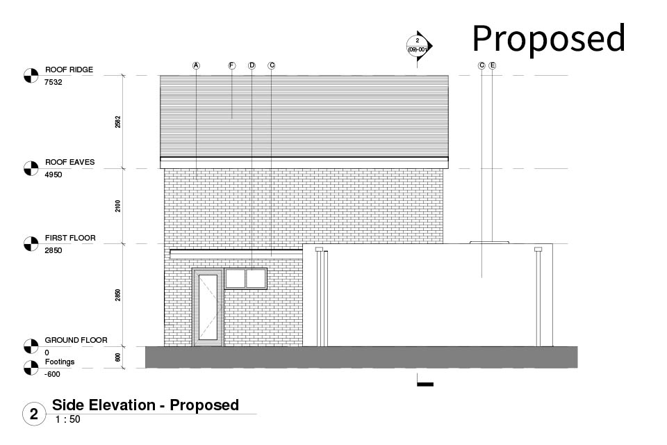 An architects drawing of a proposed side elevation of a house with a new side and rear extension.
