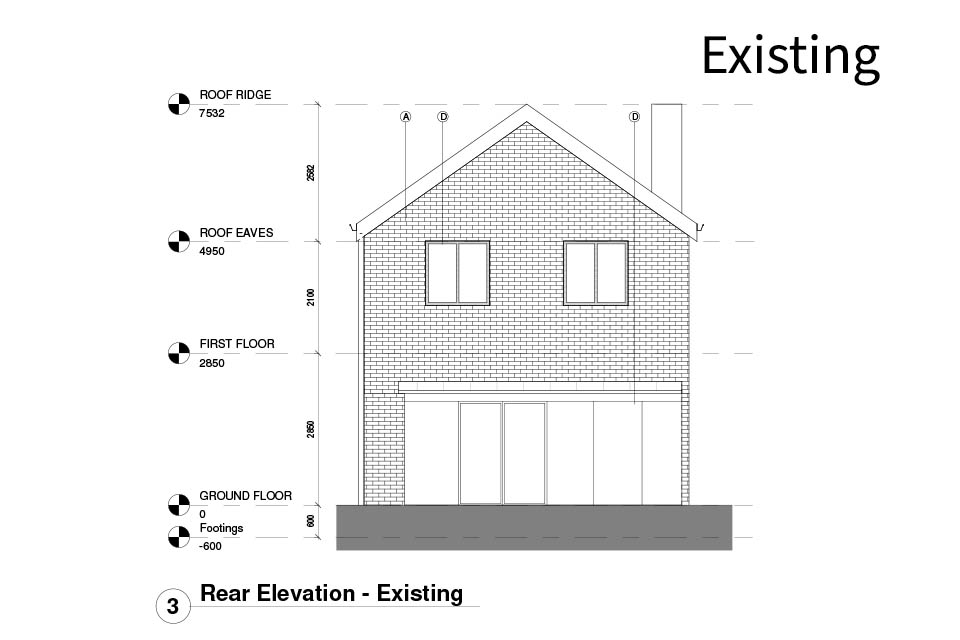 An architects drawing of the existing rear elevation of a house.