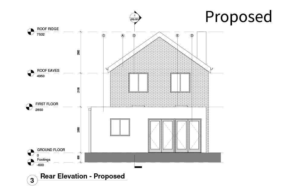 An architects drawing of a proposed rear elevation of a house with a new side and rear extension.