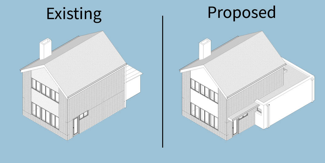 Architects 3D drawing of and existing house and the same house with a proposed rear extension.