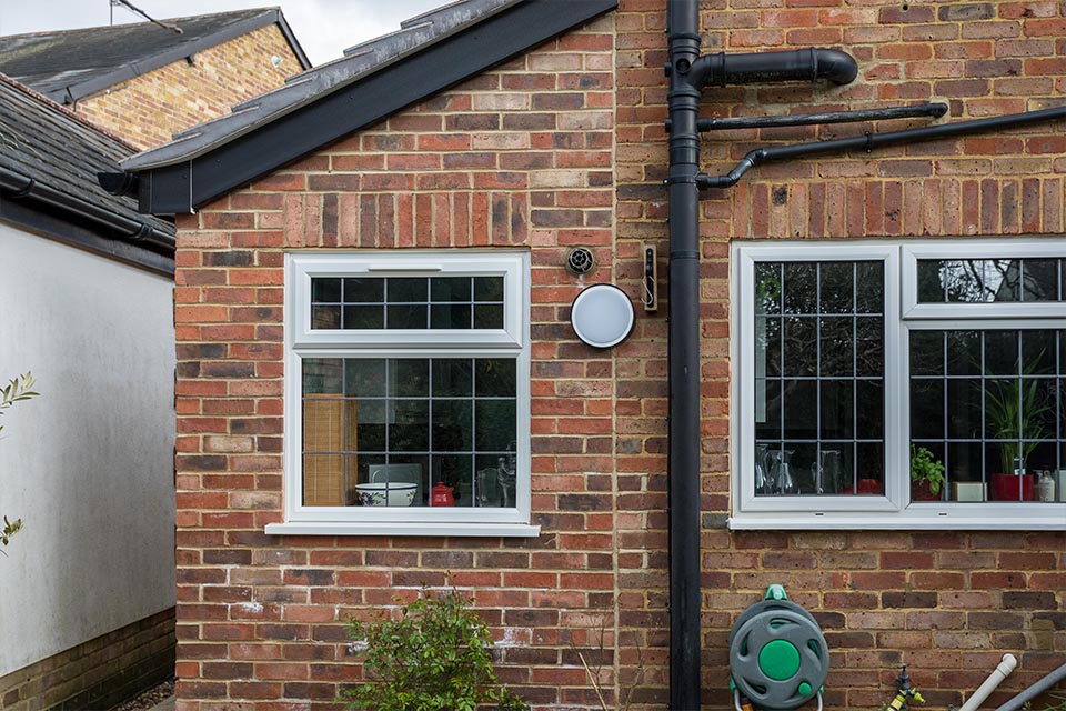 A close up view of the rear window of a new ground floor extension.