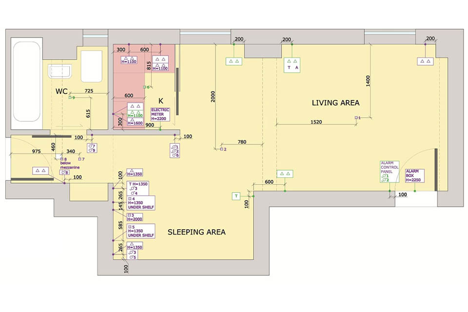 A studio flat plan showing measurements.