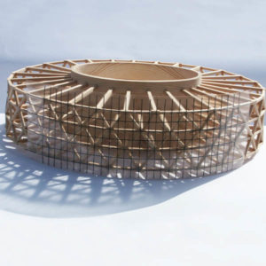 Wooden drum shaped architectural model.