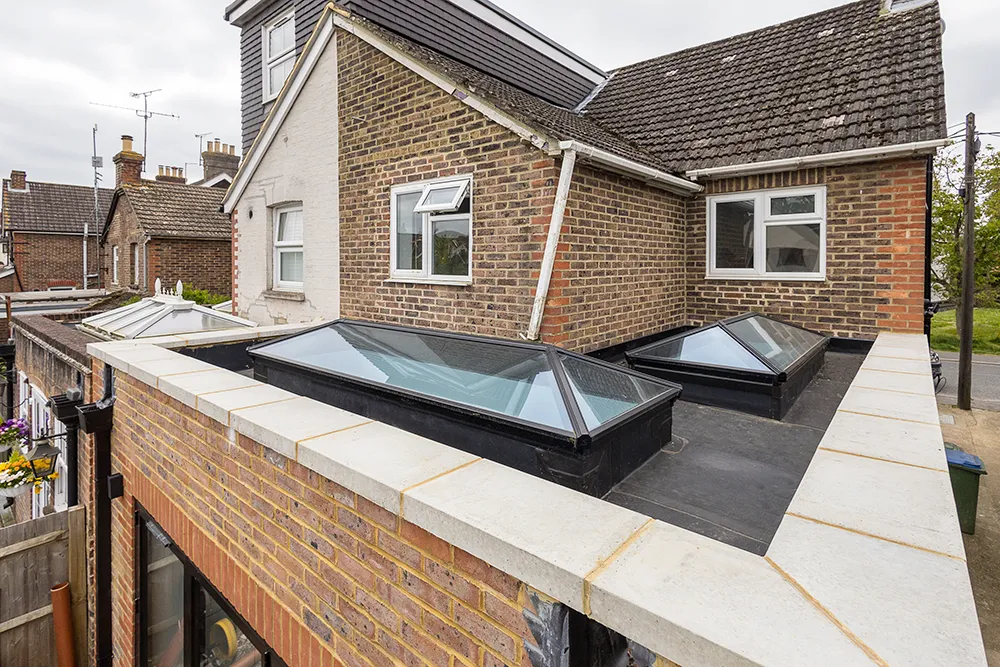 Rooftop view of exterior extension showing skylights.