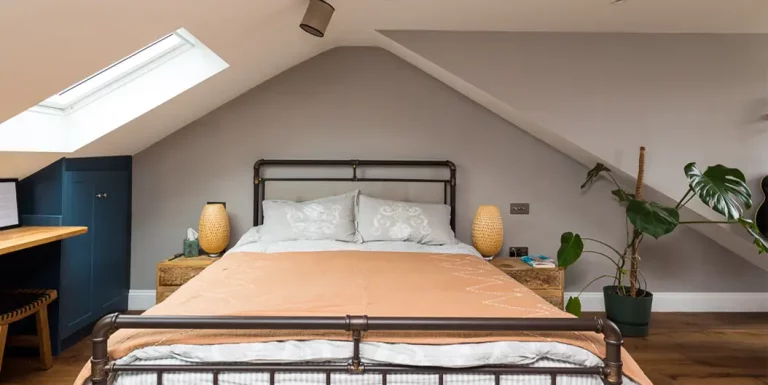 A large bedroom space showing the bed in the apex of the roof in a loft conversion.